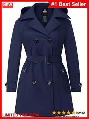 Plus Size Waterproof Trench Coat with Hood Double Breasted Belted Raincoat